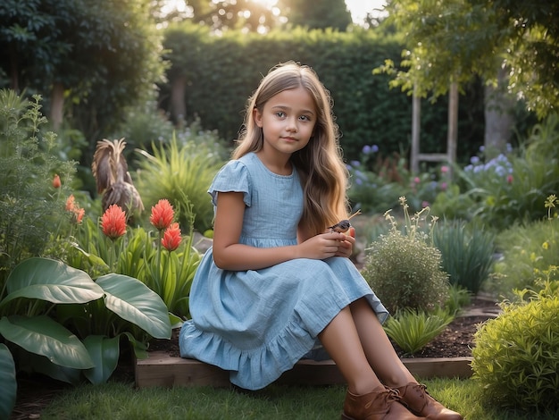 Uma menina está sentada no jardim com um pássaro na mão