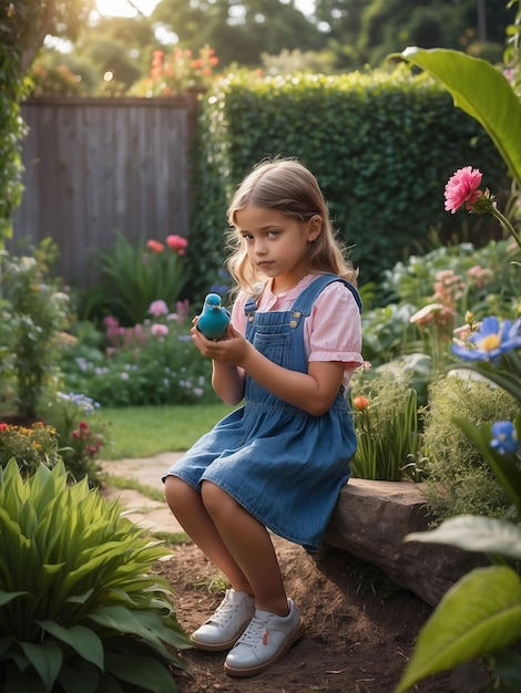 Uma menina está sentada no jardim com um pássaro na mão