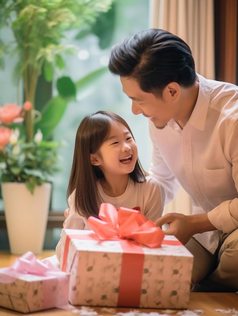 uma menina está sorrindo ao lado de um presente com um laço rosa