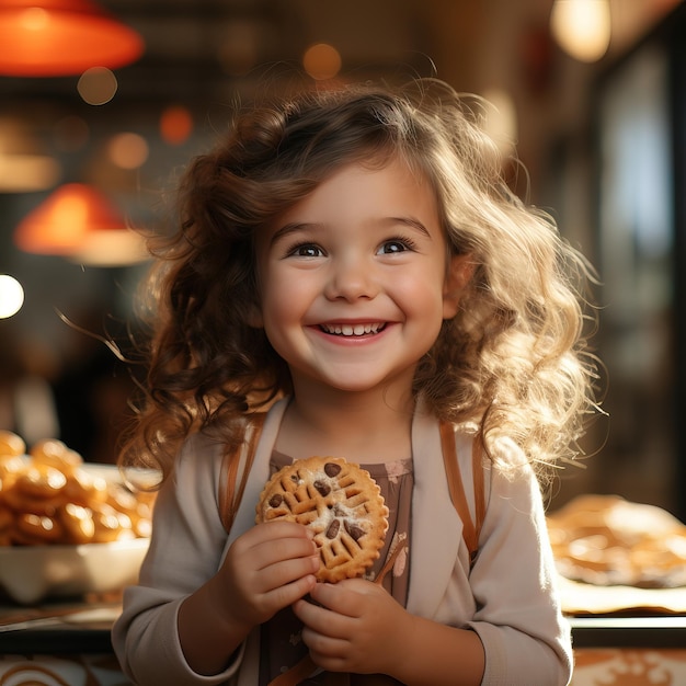 uma menina está sorrindo e segurando um biscoito