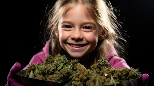 uma menina está sorrindo e segurando uma pilha de maconha