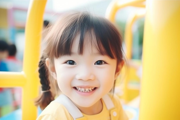 uma menina está sorrindo e sorrindo em um slide amarelo