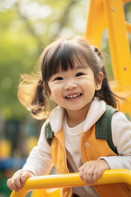 uma menina está sorrindo e vestindo um colete amarelo e verde