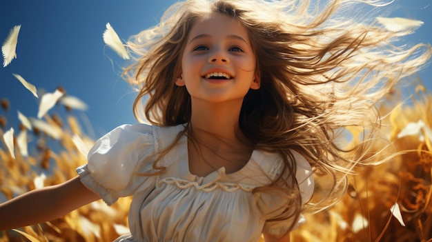 Uma menina feliz a dançar num prado de flores uma menina caucasiana bonita ao ar livre