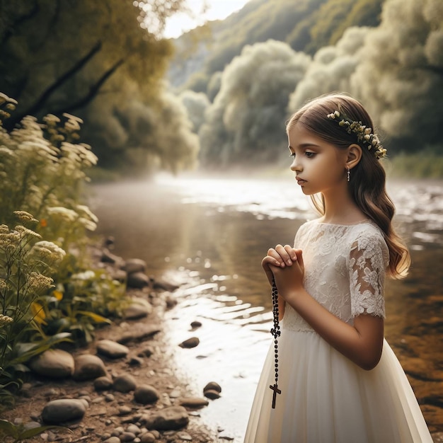 uma menina feliz admira um pequeno rio na ponte com um buquê de camomilas em flor