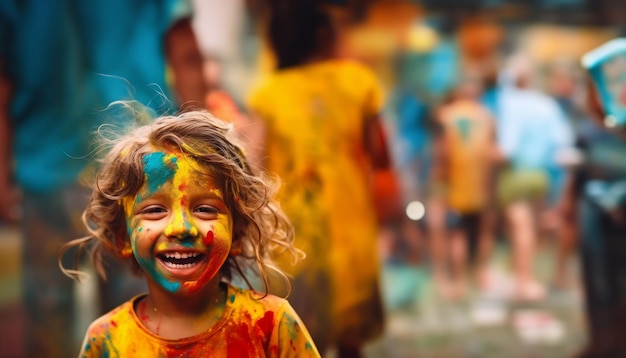 Uma menina feliz com o rosto pintado em fundo de foto de holi