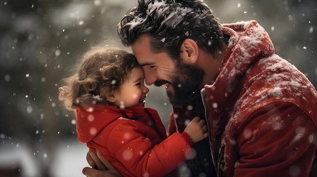 Uma menina feliz com seu pai em espanto enquanto observa a primeira queda de neve da temporada