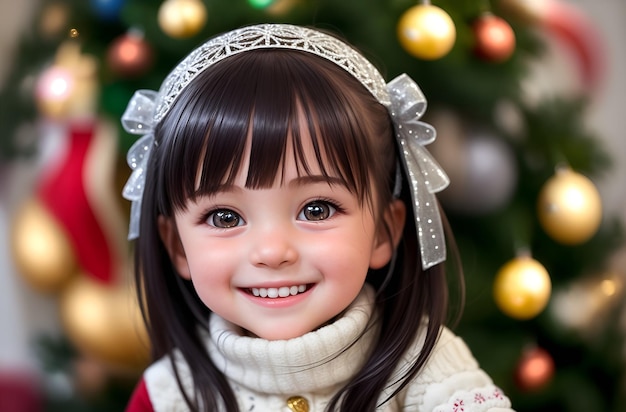 Uma menina feliz com um sorriso no rosto perto de uma árvore de Natal geração de IA