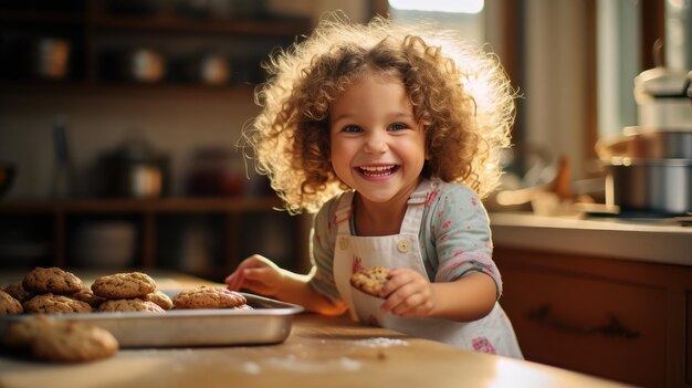 Uma menina feliz come biscoitos na cozinha de casa.