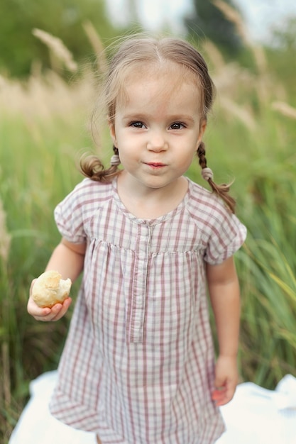 Uma menina feliz de 2-3 anos de idade em um vestido e com tranças em um campo de trigo com pão num dia de verão se levanta e olha para a câmera. Colheita.