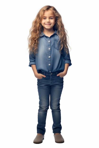 Uma menina feliz de cabelos longos de pé com as mãos na cintura isolada em fundo branco