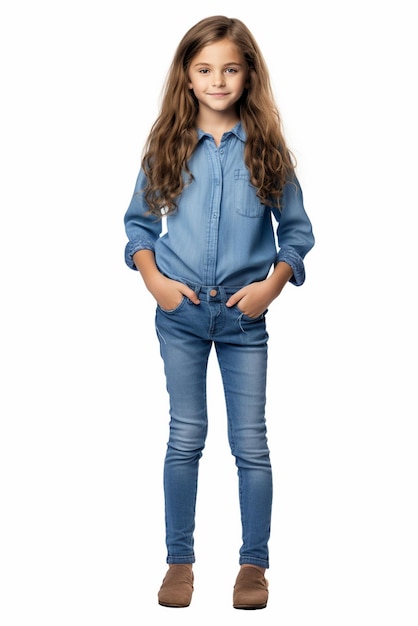 Foto uma menina feliz de cabelos longos de pé com as mãos na cintura isolada em fundo branco