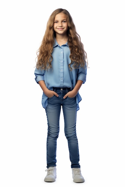 Uma menina feliz de cabelos longos de pé com as mãos na cintura isolada em fundo branco
