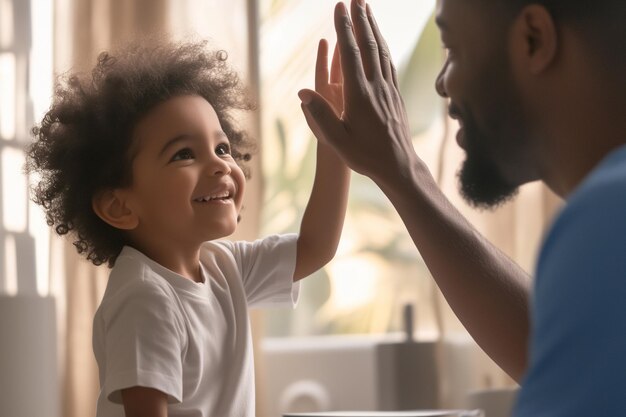 Uma menina feliz e bonita a dar um "high five" ao pai.