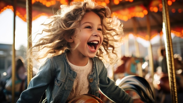 Foto uma menina feliz mostra excitação enquanto anda em um carrossel colorido