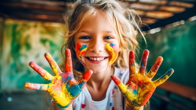 Uma menina feliz mostra suas mãos desenhadas com tintas de cores diferentes feitas com IA gerativa