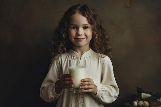 Uma menina feliz segurando um copo de leite