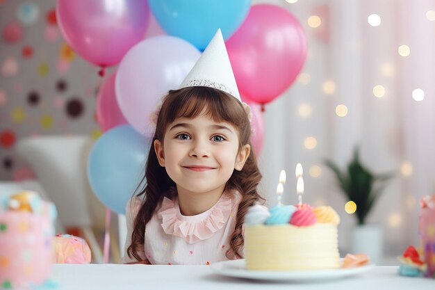 Uma menina feliz usando um chapéu de festa celebra seu aniversário com um bolo, velas e balões.
