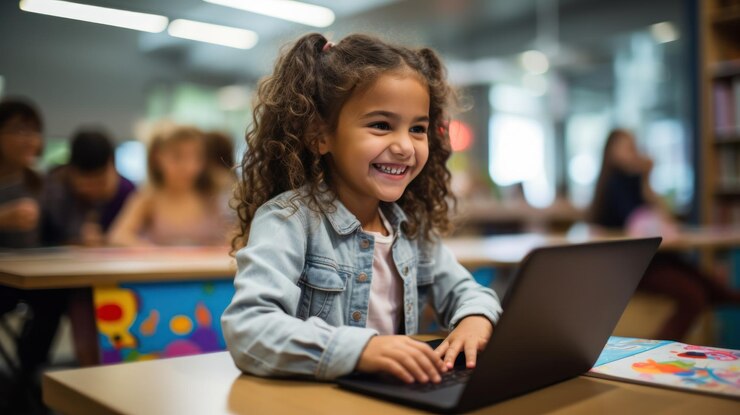 Uma menina feliz usando um laptop