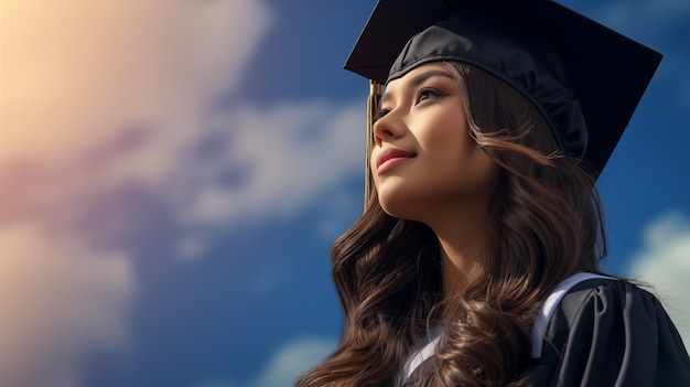 Uma menina graduada de pé ao ar livre contra um fundo de céu azul