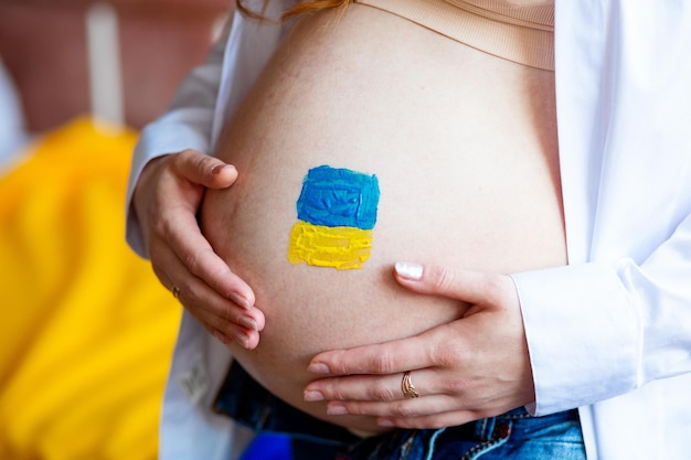 Uma menina grávida desenhou uma bandeira azul e amarela em sua barriga como o futuro da Ucrânia