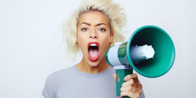 Uma menina grita alto em um megafone de pé contra o fundo de uma parede branca AI generativa