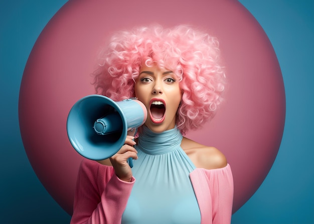 Foto uma menina grita em um alto-falante contra um fundo rosa