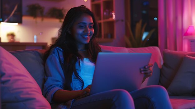 Foto uma menina indiana sorridente do milênio senta-se e relaxa no sofá usando um laptop moderno navegando em unlim generative ai