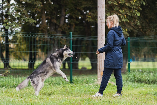 Foto uma menina joga comida para um cão husky em um playground em um dia de primavera