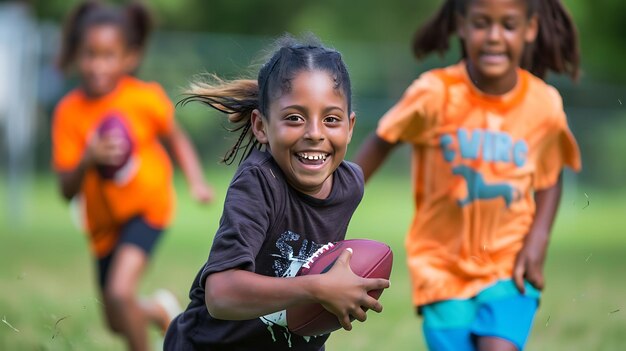 Uma menina jogando futebol com seus amigos no parque ela está feliz e despreocupada desfrutando do dia com seus amigos