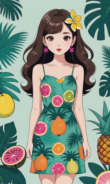 Foto uma menina kawaii com um vestido de estampa tropical vibrante com palmeiras