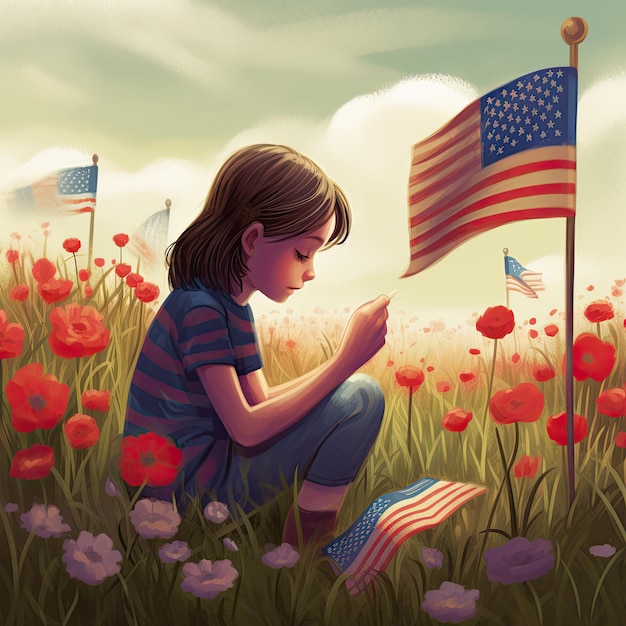 Uma menina lendo em um campo de flores com uma bandeira americana