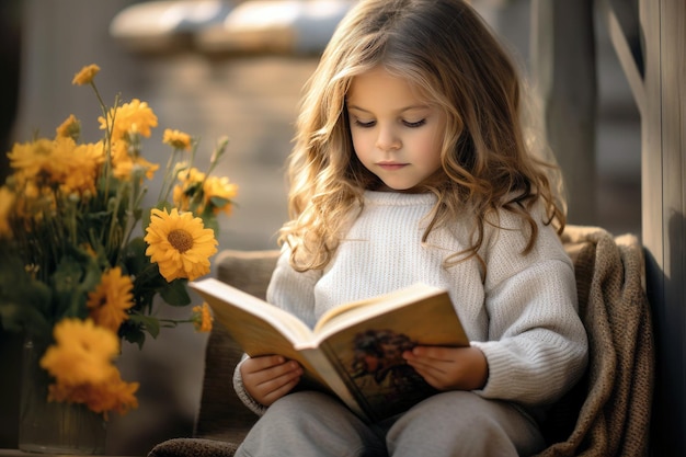 Uma menina lendo um conto de fadas para crianças