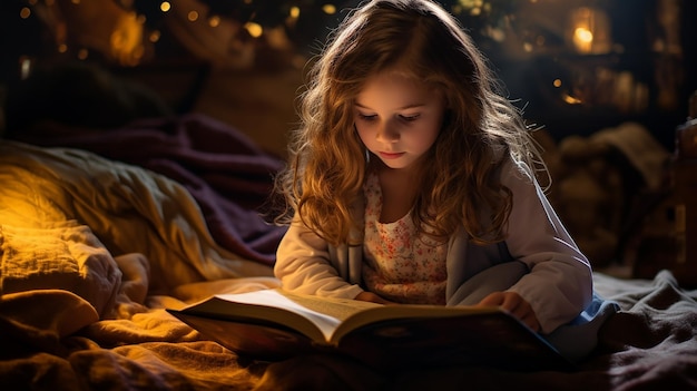 Uma menina lendo um livro em um quarto escuro.