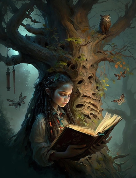 Uma menina lendo um livro perto da árvore