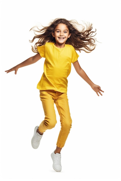 Uma menina linda de roupa amarela a saltar isolada em fundo branco