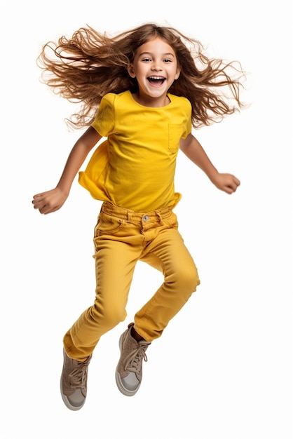 Uma menina linda de roupa amarela a saltar isolada em fundo branco