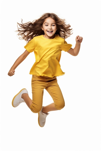 Uma menina linda de roupa amarela a saltar isolada em fundo branco