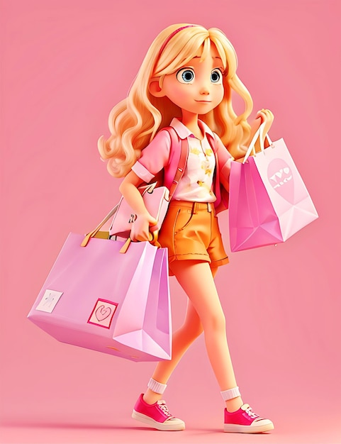 uma menina loira rosa com sacola de compras em pé e fundo rosa ai gerar