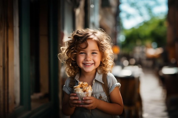 Uma menina loira sorridente com cachos tomando um sorvete.