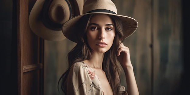 Uma menina modelo morena de pernas compridas em um chapéu de abas largas