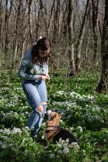 uma menina morena de jeans e uma camisa jeans em uma caminhada na floresta com um cachorro corgi