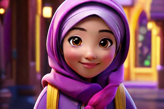 Uma menina muçulmana asiática com hijab roxo