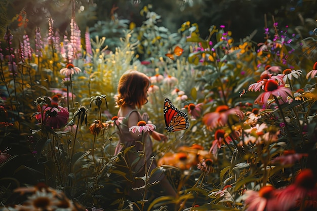 Uma menina num campo de flores com uma borboleta