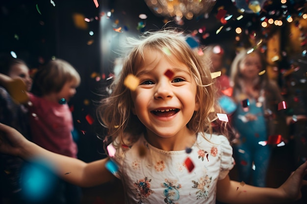 Uma menina numa festa de aniversário está a saltar entre os confetes.