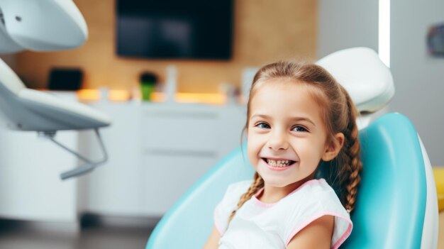 Uma menina numa odontologia infantil para dentes saudáveis e bonitos.