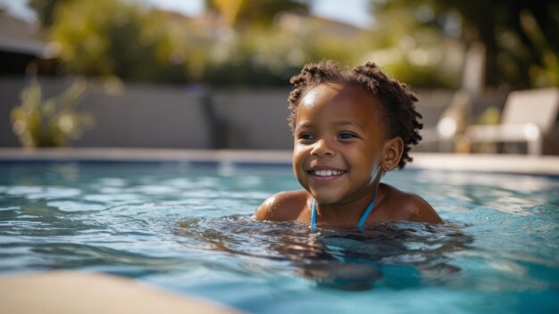Foto uma menina numa piscina com um sorriso no rosto