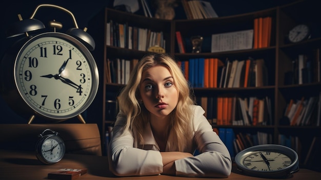 Uma menina numa sala escura com um relógio.
