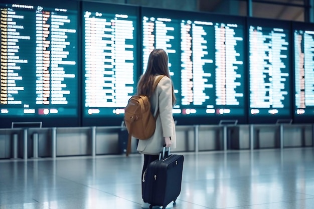 Uma menina olha para o quadro com o horário de partidas do transporte de passageiros