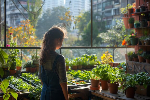 Uma menina olha para um jardim de varanda exuberante envolto por diversas plantas em vaso e paisagem urbana A